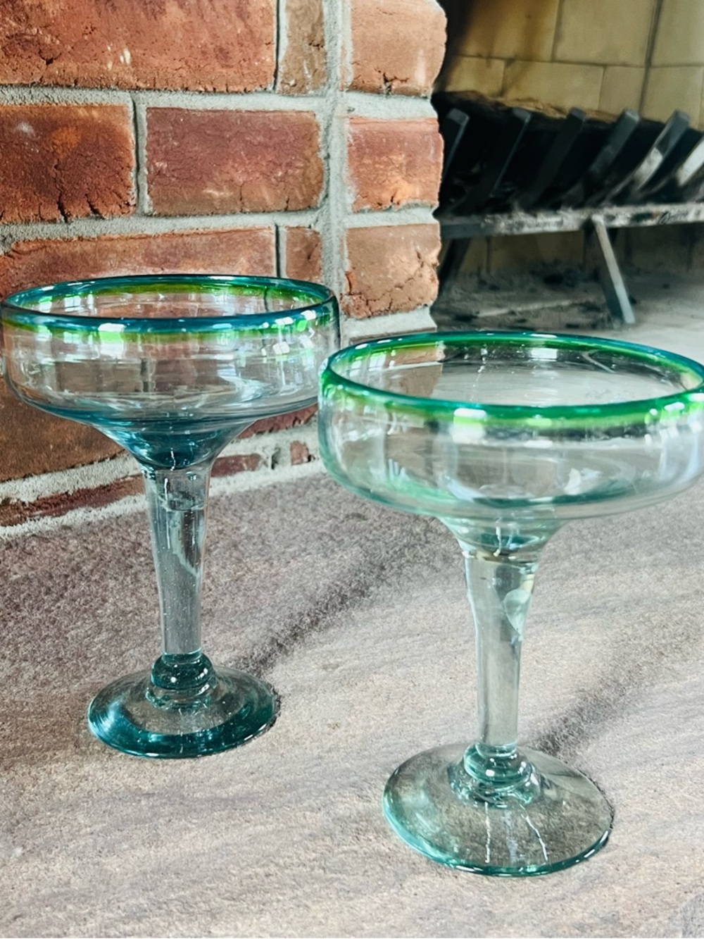 Handblown Mexican Green Rim Margarita Glasses - Set of 2